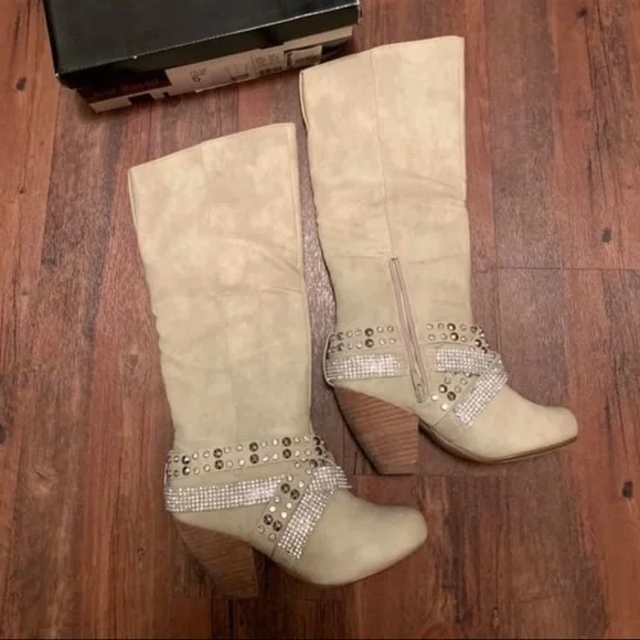 Not Rated Beige Heeled Boots with Rhinestone Straps - Picture 1 of 10